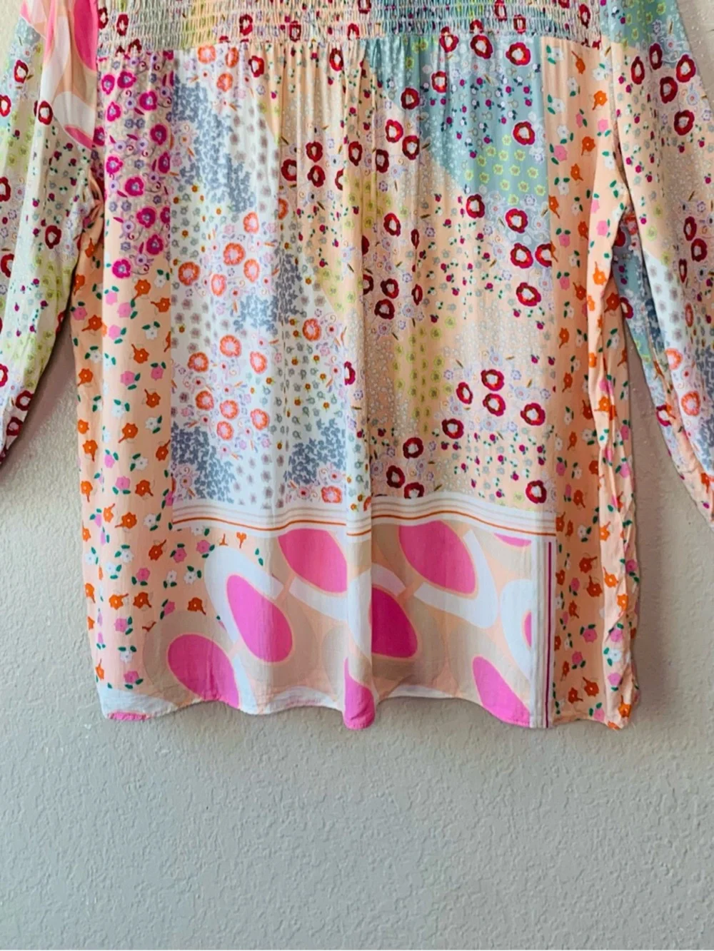 Rose & Olive Floral Mixed Media Smocked Cottagecore Boho Blouse Size L - Picture 7 of 8